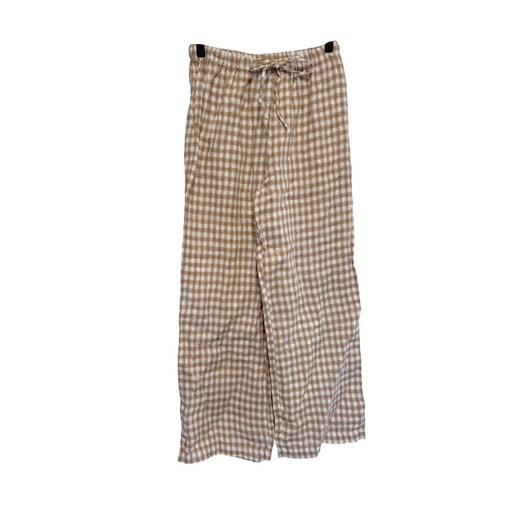 Reformation Gingham Wide Leg Drawstring Pants Tan White XSP
